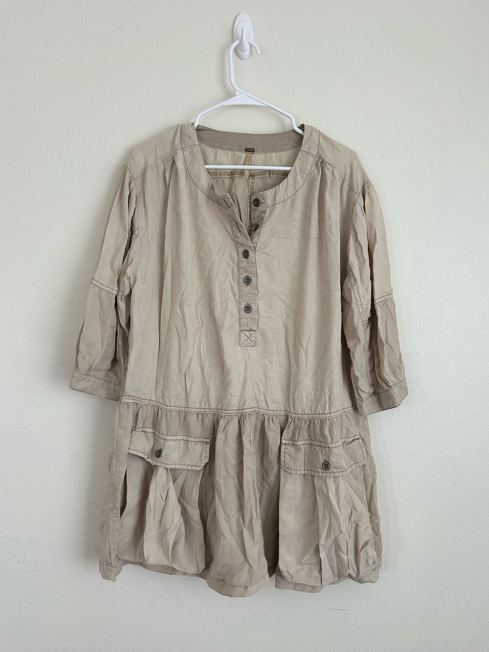 Free People Oversized Beige Women’s Button-Front Utility Tunic Dress